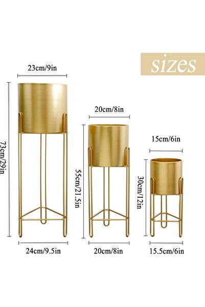 NO BRAND Set de 3 ghivece mari din metal auriu cu suporturi (73, 56, 30 cm)