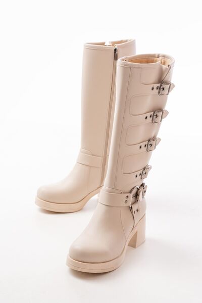 Zerenyus Zri̇n-3015 Premium Beige Heeled Women's Boots with Zipper and Buckle Accessories