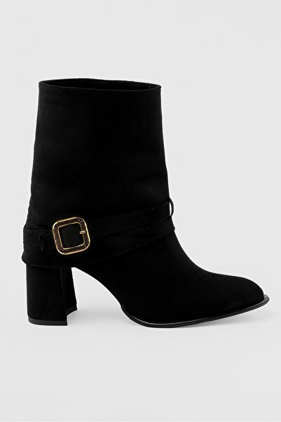 Mubiano Women's Suede Boots Gold Buckle Heeled Black Silva