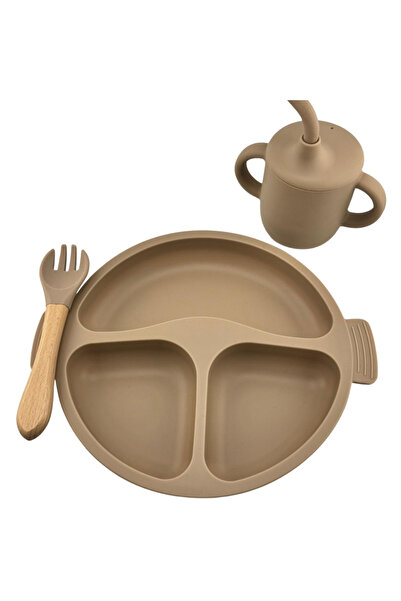 NO BRAND Food-grade silicone baby set, 3 pieces - plate, fork and cup with straw - Beige