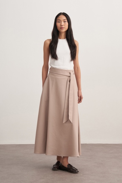 EBU Prive Women's Gabardine Shirt and Flared Skirt Set Beige