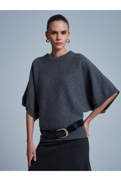 Dilvin 10843 Wool Blend Batwing Sleeve Knitwear Sweater-Smoked