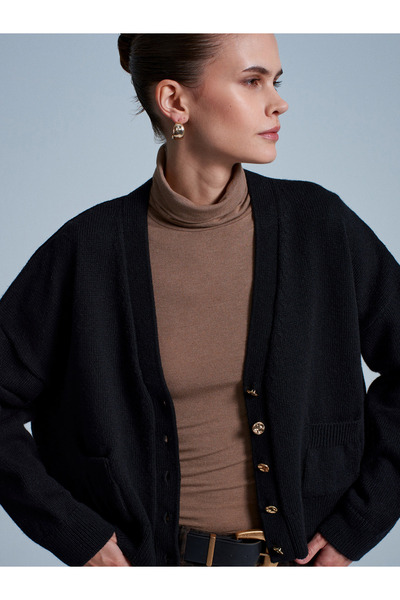 Dilvin 60999 Wool Blend Pocket Detailed Knitwear Cardigan-Black