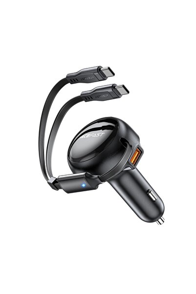 Acefast Încărcător auto 53W, 2x Tip-C + 1x USB, cablu retractabil 70+15cm, în...