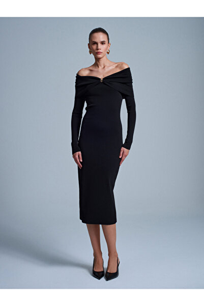 Dilvin 90261 Off-The-Shoulder Bow Detail Knit Dress-Black
