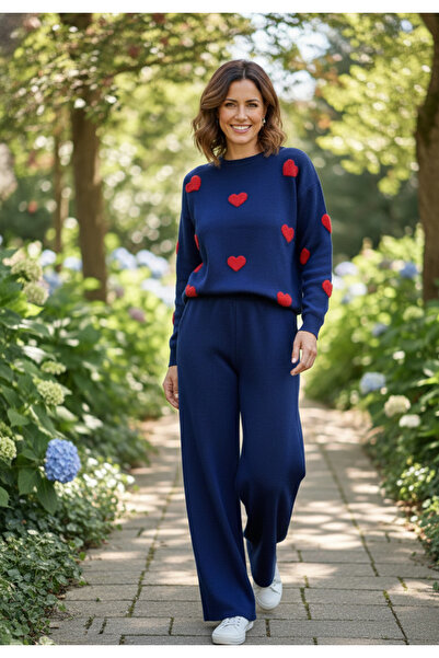 YusGos Women's Long Sleeve Heart Pattern Crew Neck Knitwear Sweater Pants Set