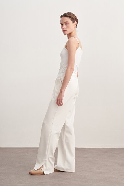 EBU Prive Women's Interlock Side Slit Palazzo Pants Ecru
