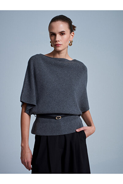 Dilvin 10838 Pulover cu decolteu barcă cu centură din amestec de lână - afumat M.