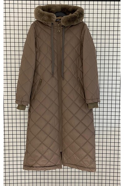 Armine Fur Hooded Zippered Puffer Quilted Winter Coat