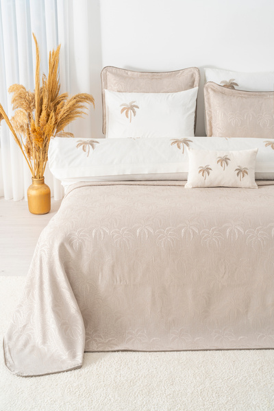 Rivaİstanbul Palmiye Mink Embroidered Double Duvet Cover Set - 8 Piece Dowry Set