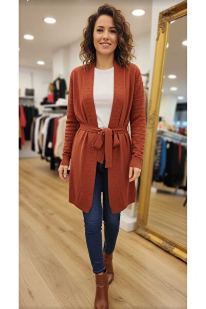 güncüoğlu Long Sleeve Self-Patterned One Size with Belt Length 85cm Thin Cardigan