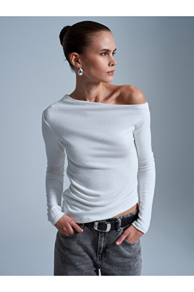 Dilvin 32197 Asimetric cu umăr dezactivat croială Top-Ecru