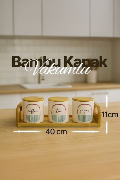 LİNGO HOME 3-Piece Vacuum Bamboo Lid Porcelain Spice Jar Set - with Stand - C...