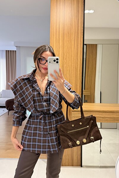 Gizem Ecemiş Valeria Brown Plaid Shirt with Shawl
