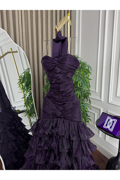 Generic Luxurious crinkle evening gown with cascading flared layers - a regal look in royal purple