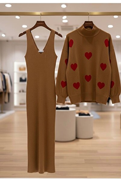 YusGos Women's Heart Patterned Sweater Dress