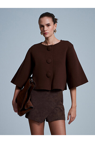 Dilvin 60997 Snap Button Knitwear Cardigan-Brown