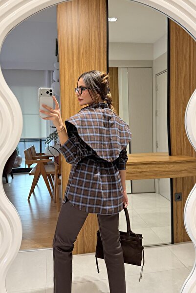 Gizem Ecemiş Valeria Brown Plaid Shirt with Shawl