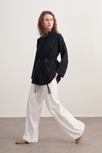 EBU Prive Women's Gabardine Belted Shirt Navy Blue