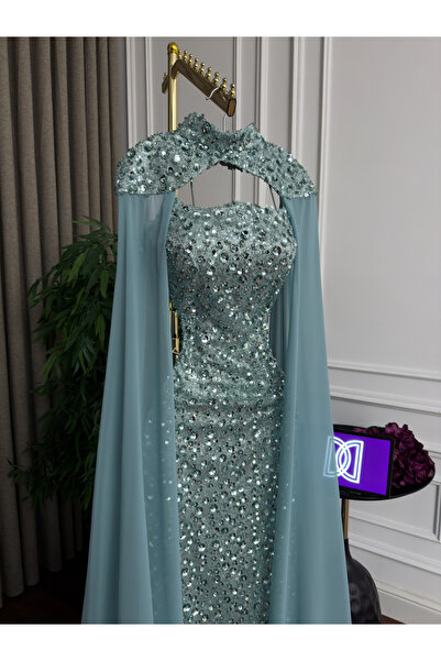Generic Luxurious evening gown with full beadwork - embroidered trim with a flowing chiffon cape - in a captivating Tiffany blue