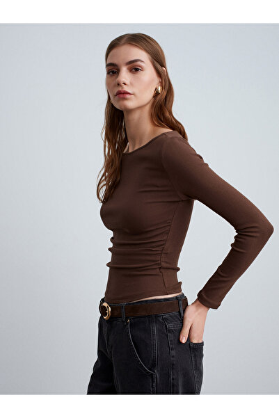 Dilvin 31401 Gathered Boat Neck Top - Light Brown