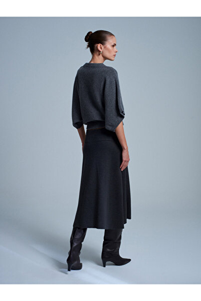 Dilvin 80390 Elastic Waist Knitted Midi Skirt - Anthracite M
