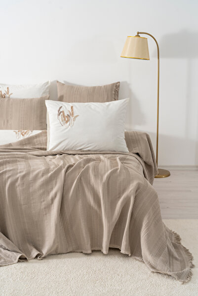 Rivaİstanbul Arya Mink Embroidered Double Size 100% Cotton Duvet Cover Pique Set - 7 Piece Dowry Set