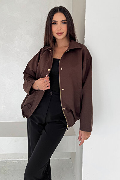 MsLena Butik معطف نسائي من جلد الغزال بأزرار ذهبية وسحاب