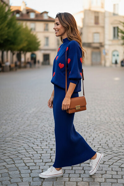 YusGos Kadın Kalp Desenli Kazaklı Elbise