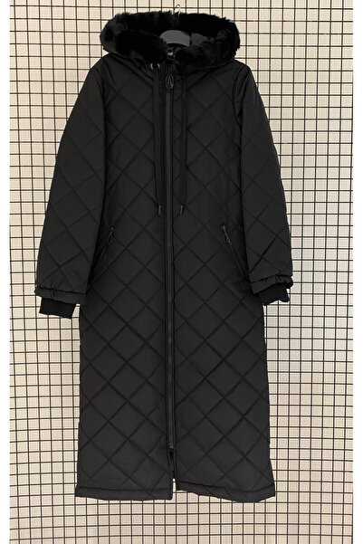 Armine Fur Hooded Zippered Puffer Quilted Winter Coat