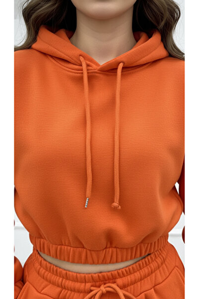 Fifty Color Crop Hooded Three Thread Thick Fleece Tracksuit Set