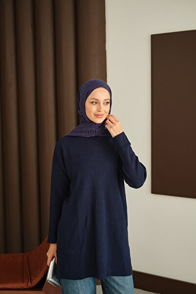 LOCCO Women's Self-Patterned Knitwear Tunic Navy Blue