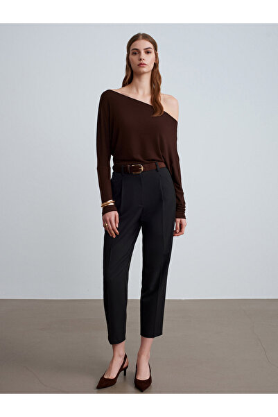 Dilvin 72193 Suede Belted Fabric Trousers-Black