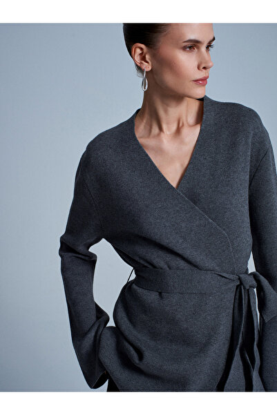 Dilvin 61002 Double-Breasted Belted Wool Blend Knit Cardigan-Smoked M.