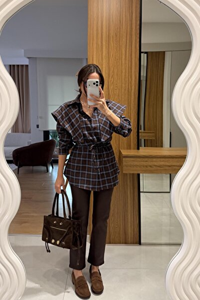 Gizem Ecemiş Valeria Brown Plaid Shirt with Shawl