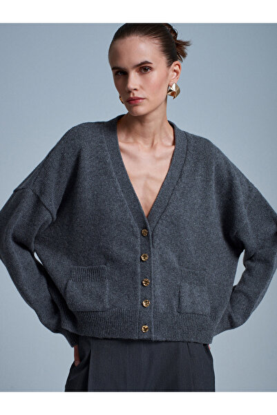 Dilvin 60999 Wool Blend Pocket Detailed Knitwear Cardigan-Smoked