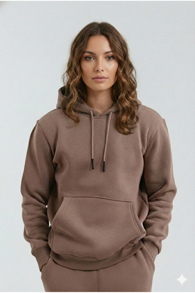 OXVİN Φούτερ με κουκούλα καφέ Kangaroo (με βαμβακερή επένδυση)