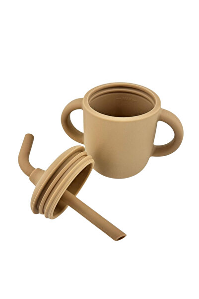 NO BRAND Food-grade silicone baby set, 3 pieces - plate, fork and cup with straw - Beige