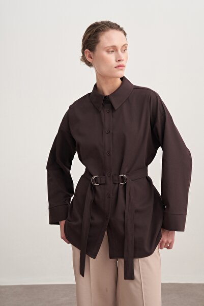 EBU Prive Women's Gabardine Belted Shirt Brown