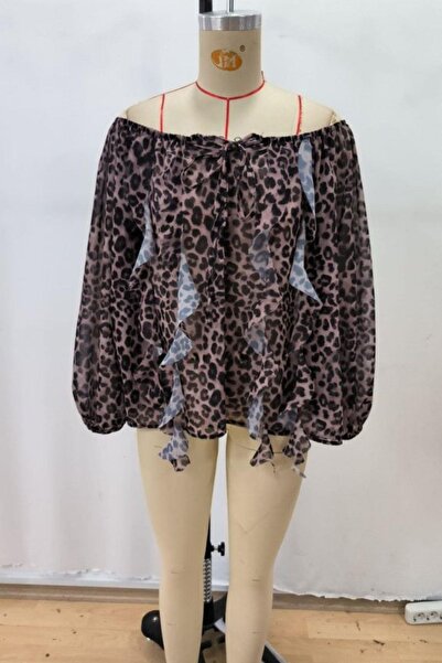 Mossta Madonna Collar Leopard Patterned Chiffon Blouse - Leopard