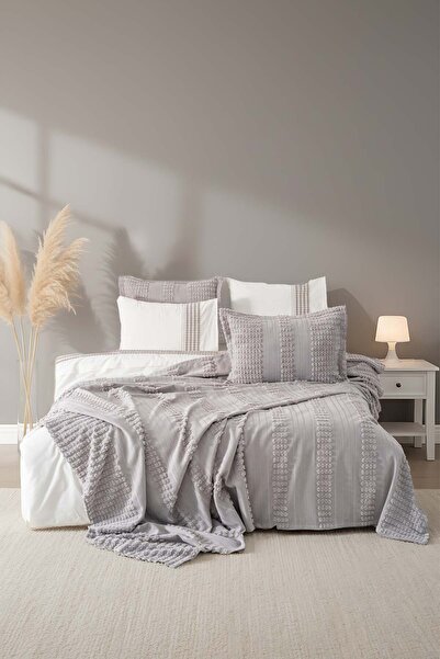 Rivaİstanbul Maisa Gray Embroidered Double Duvet Cover Set - 7 Piece Dowry Set