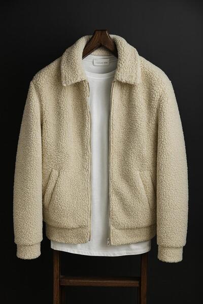 BYBÜLENT Men's Plush Lined Winter Zippered Beige Coat