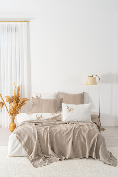 Rivaİstanbul Arya Mink Embroidered Double Size 100% Cotton Duvet Cover Pique Set - 7 Piece Dowry Set