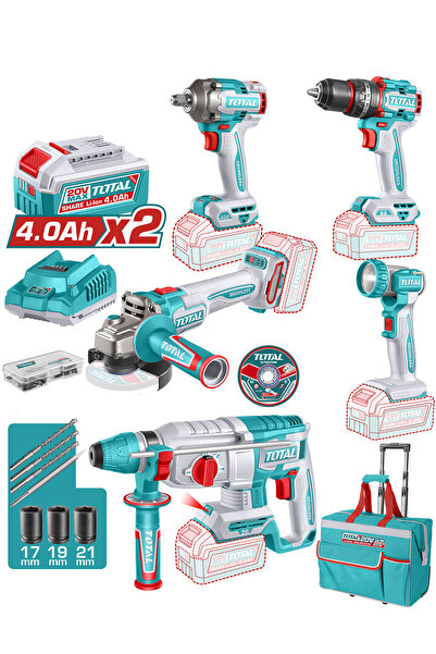 TOTAL Set 5 Unelte pe acumulator Industrial, 20V, include 2 baterii 4.0 Ah si...