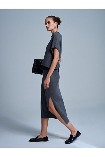 Dilvin 90256 Wool Blend Belted Knit Dress-Smoked M.