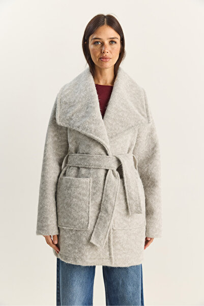 Bianco Lucci Women's Double-Breasted Collar Lined Belted Wrinkled Cashmere Coat 99002 60283566