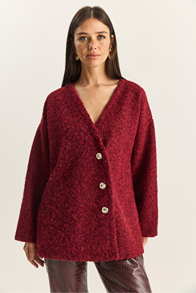 Bianco Lucci Women's V-Neck Stylish Asymmetrical Buttoned Wrinkled Cashmere Cardigan 55000 60283567