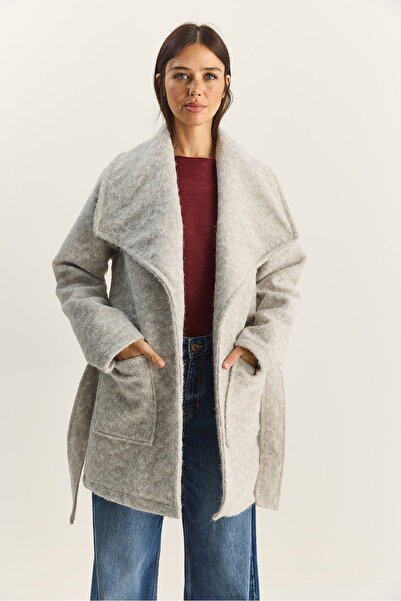 Bianco Lucci Women's Double-Breasted Collar Lined Belted Wrinkled Cashmere Coat 99002 60283566