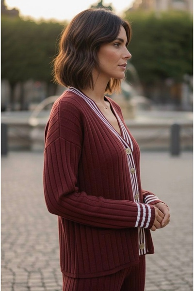 YusGos Women's Striped Knitwear Cardigan Pants College Bottom Top Set