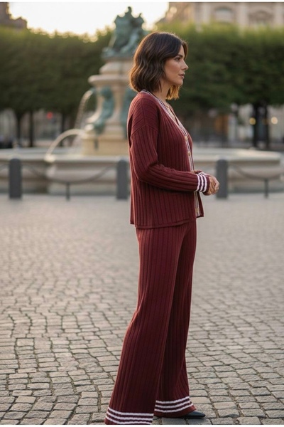 YusGos Women's Striped Knitwear Cardigan Pants College Bottom Top Set